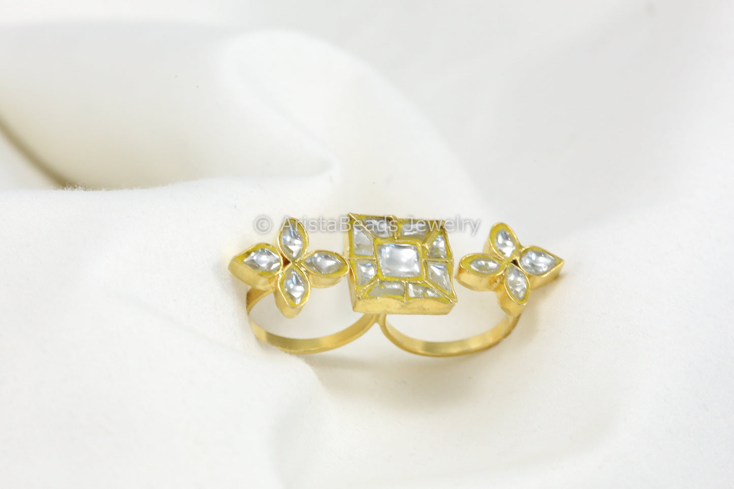 Jadau Kundan Two Finger Bar Ring (Adjustable) -Clear