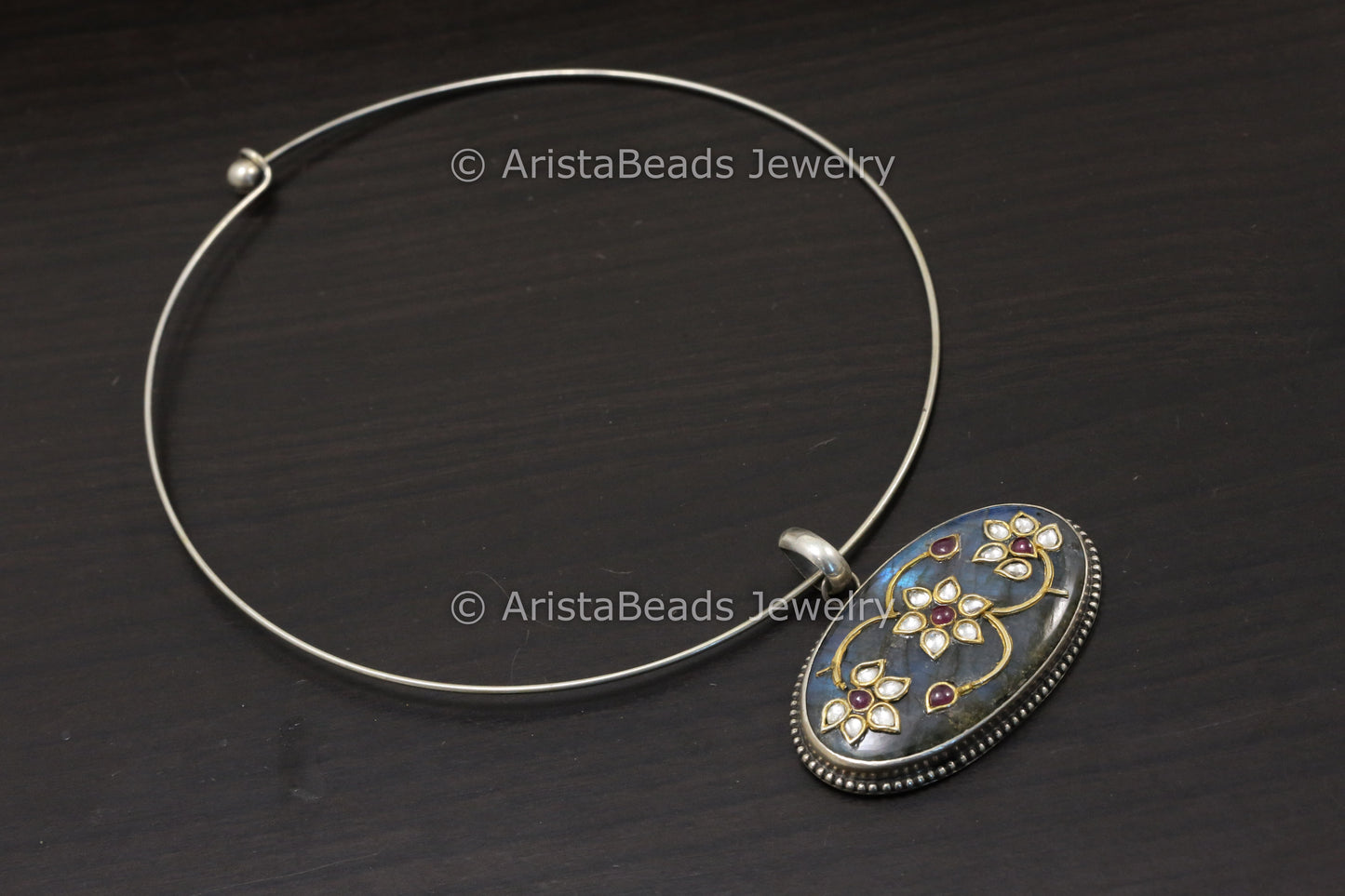 Contemporary 925 Silver Jadau Inlay Work Hasli Necklace - Labradorite