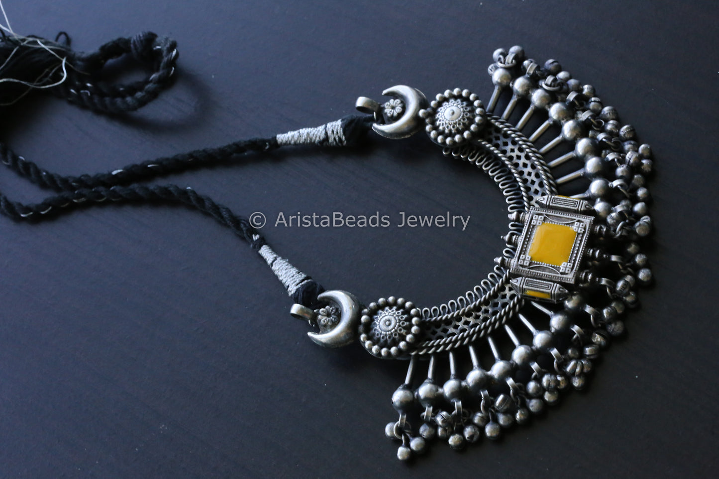 Large Pendant In Black Dori - Yellow Enamel Motif