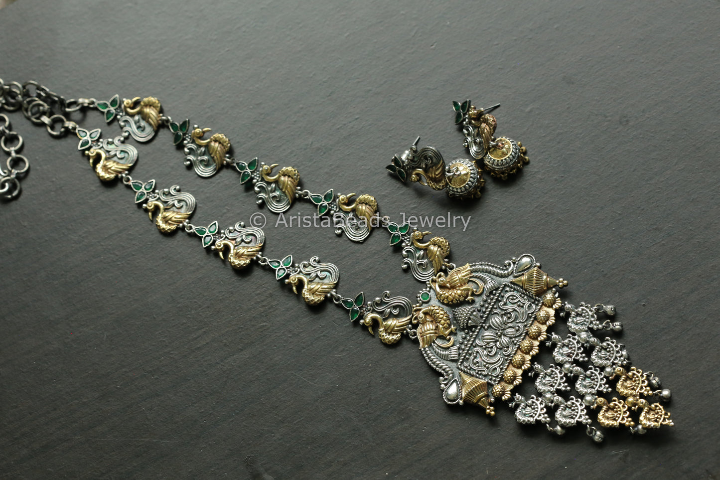 Green Dual Tone Silver Replica Oxidized Necklace Set