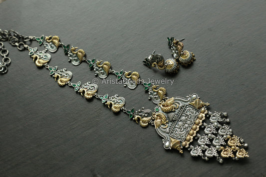 Green Dual Tone Silver Replica Oxidized Necklace Set