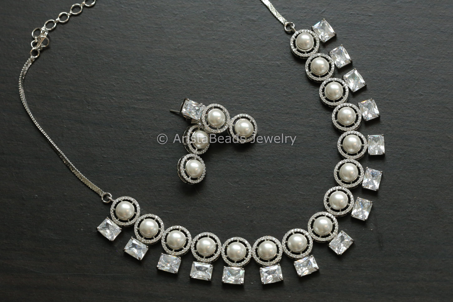 Premium Quality Clear CZ & Pearl Necklace Set