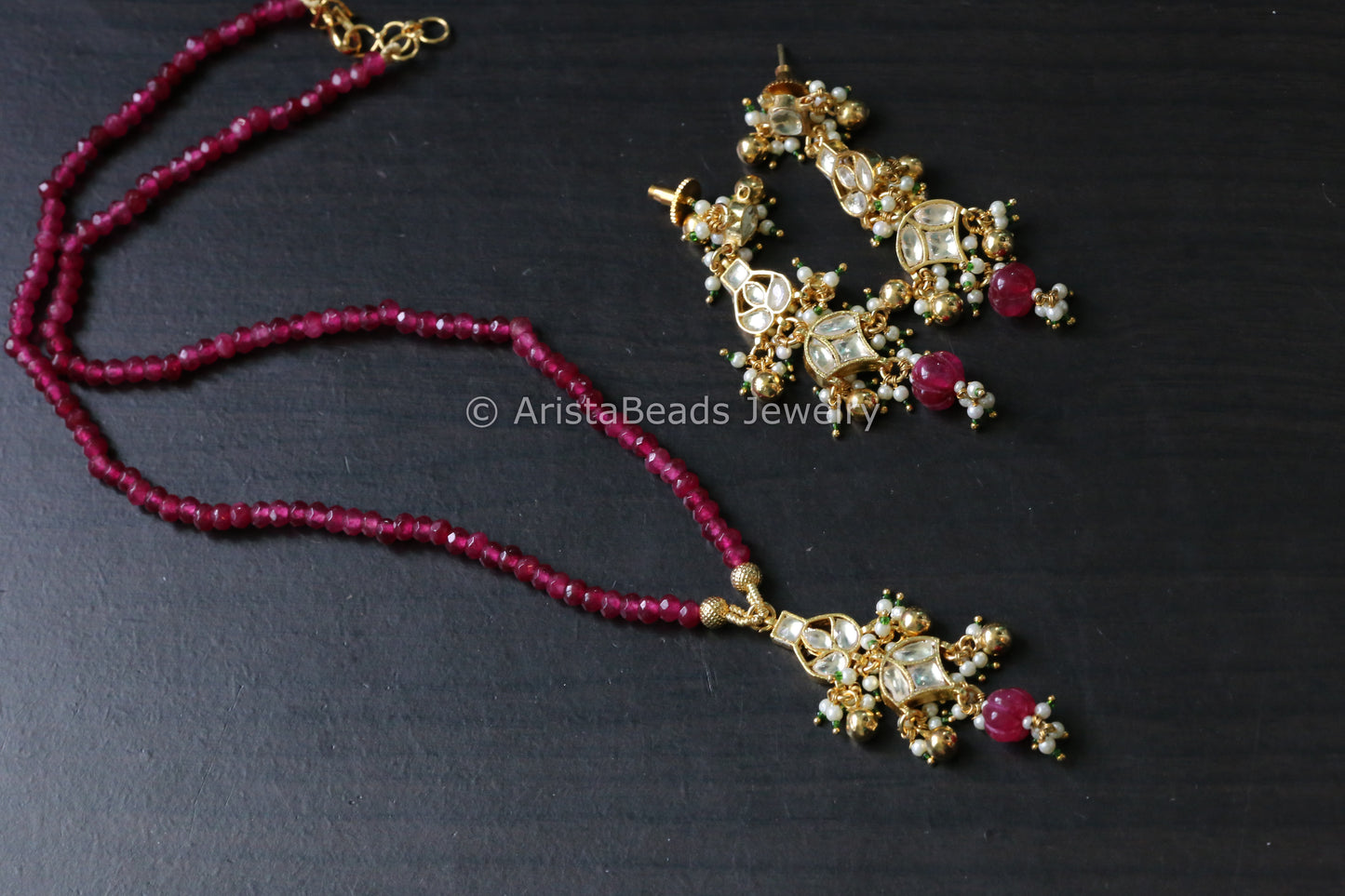 Dainty Pachi Kundan Necklace Set- Ruby Beads