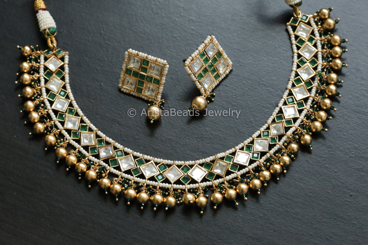 Premium Kundan & CZ Necklace Set - Clear Green
