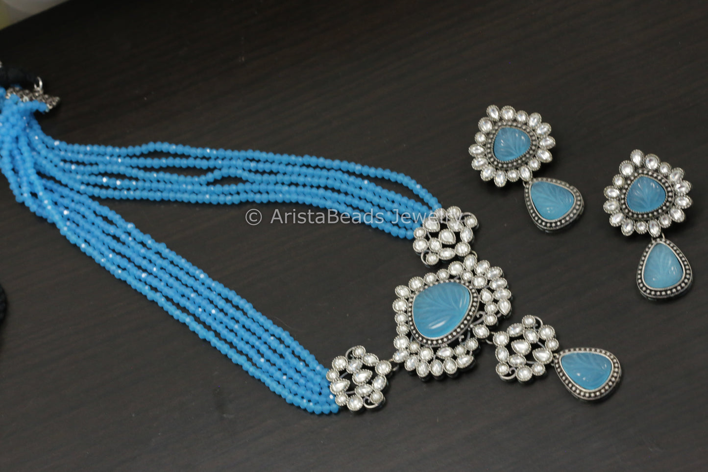 Ice Blue Carved Stone Necklace Set