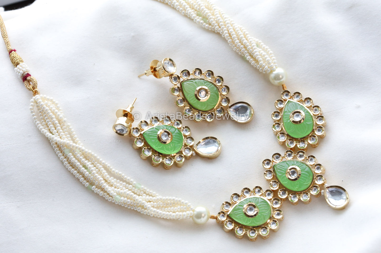 Dainty Uncut Foil Kundan Necklace/ Choker Set - Mint