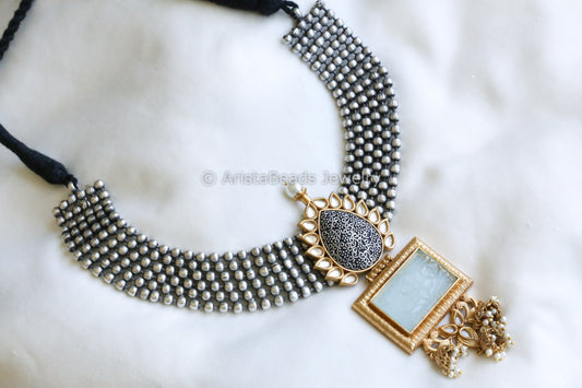 Handmade Dual Tone Kundan & Carved Stone Necklace - Mint