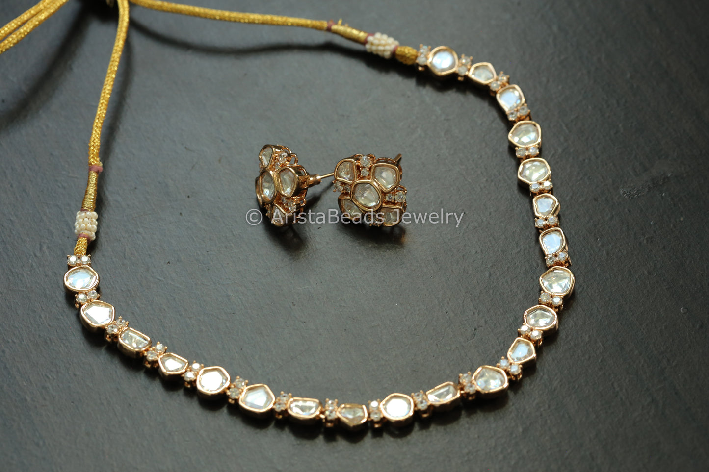 Dainty Polki & Micro CZ Necklace Set - Rose Gold
