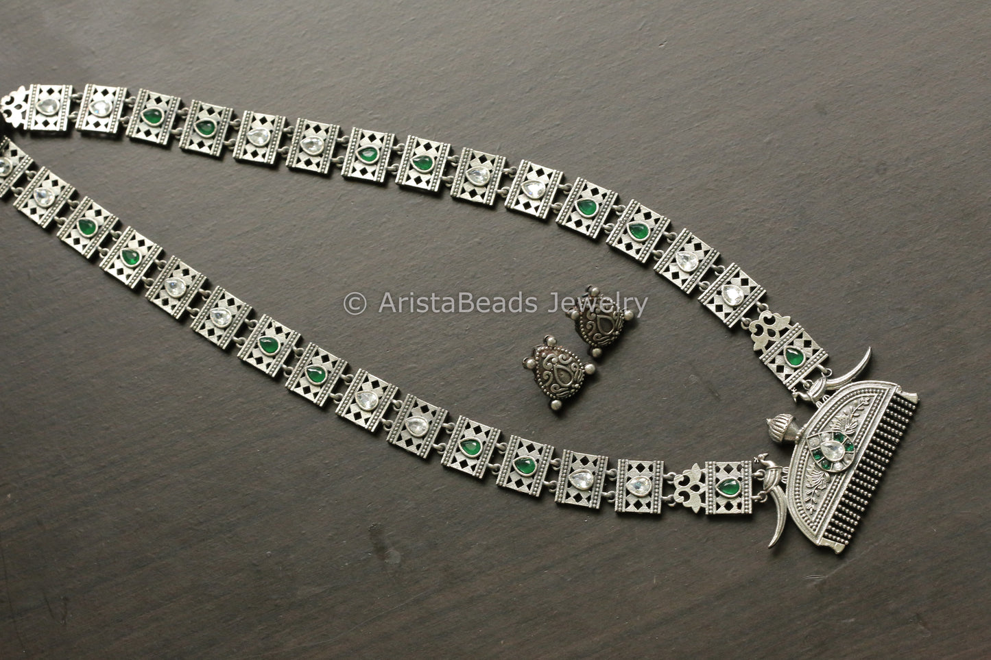 Green Clear Silver Replica Oxidized Necklace Set