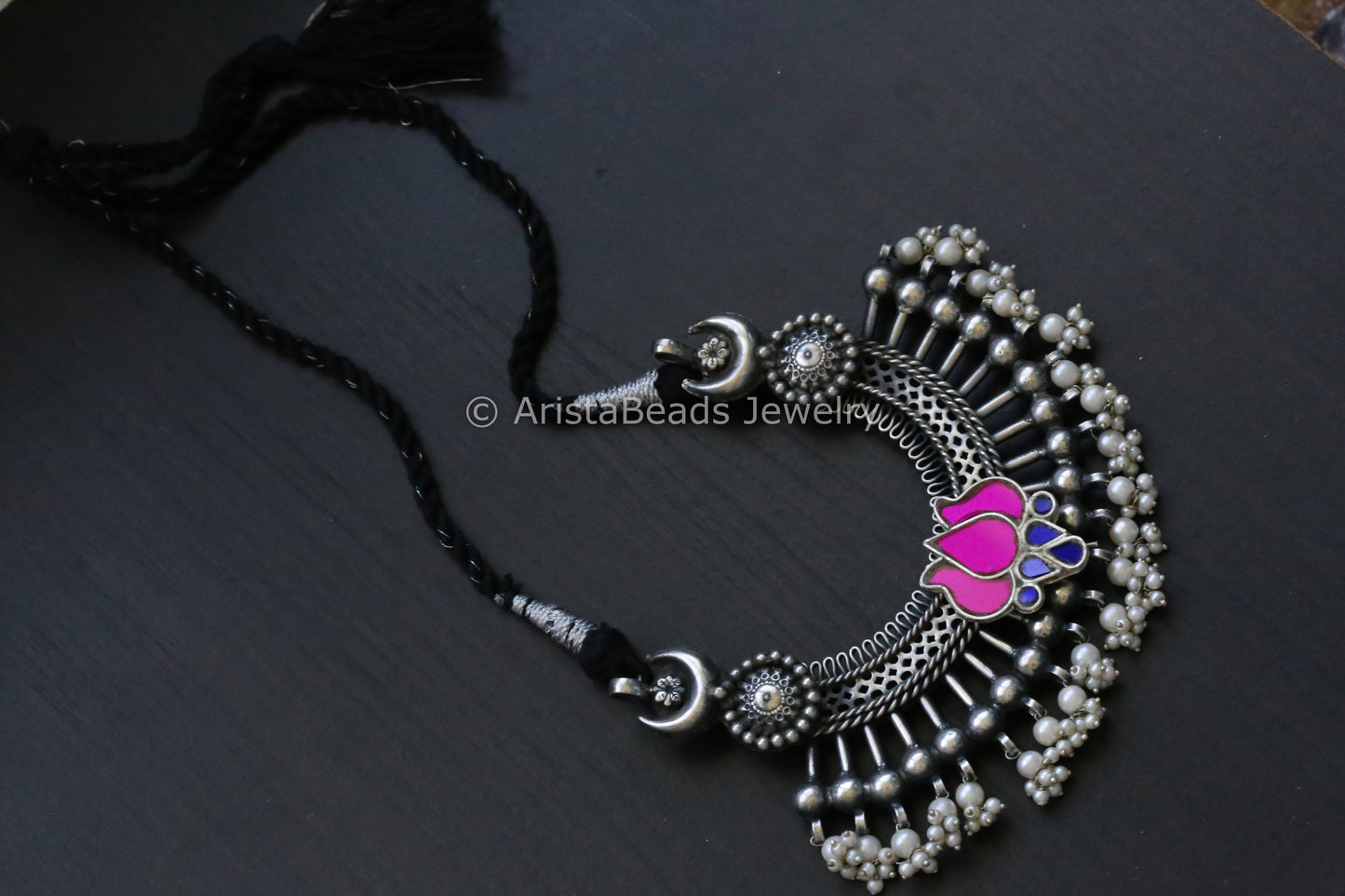Large Pendant In Black Dori - Pink Glass Motif