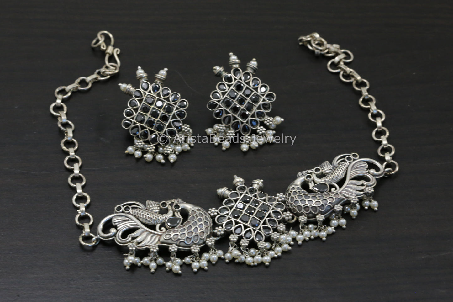Silver Tone Brass Choker Set - Black