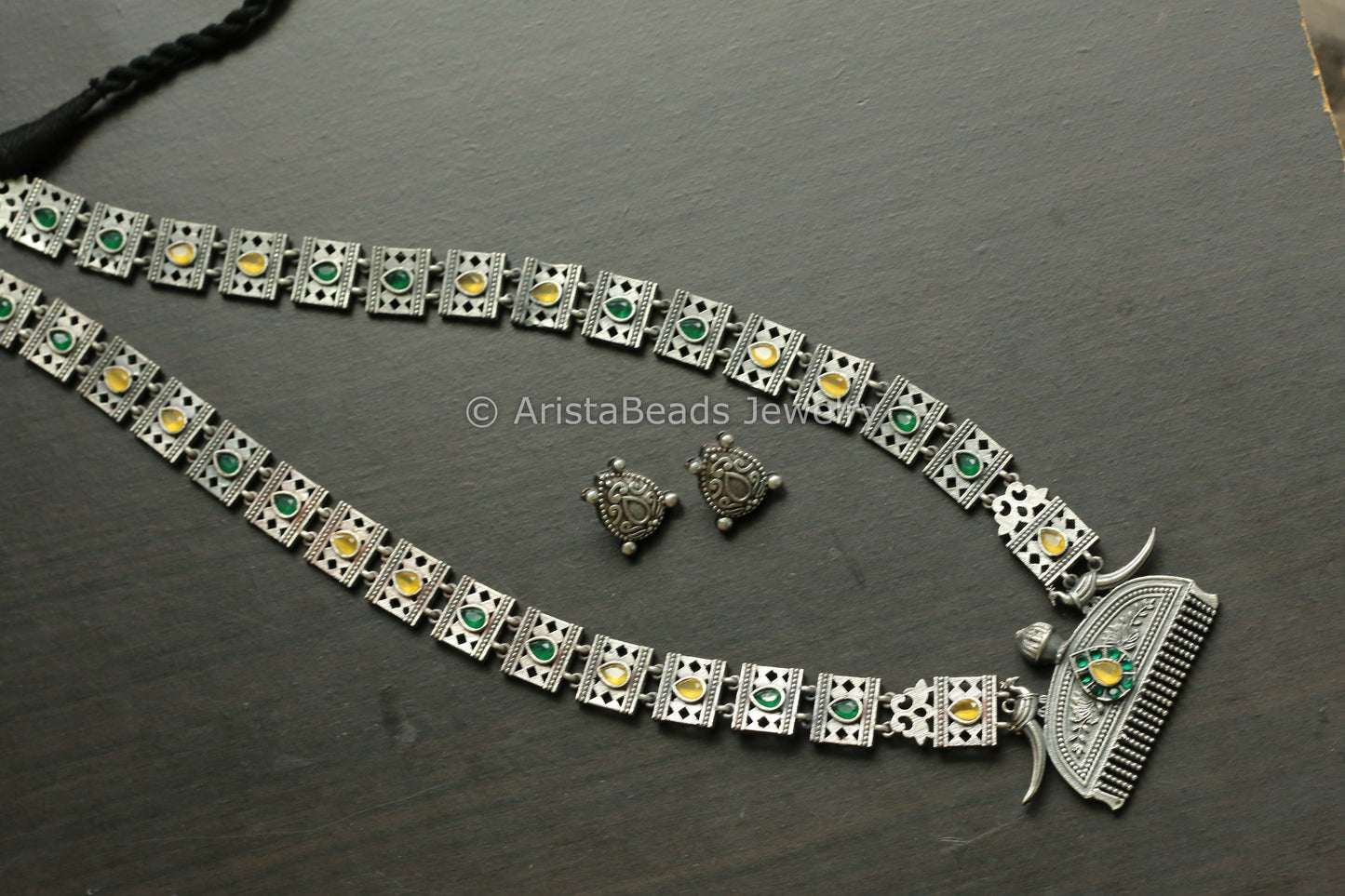 Green Yellow Silver Replica Oxidized Necklace Set