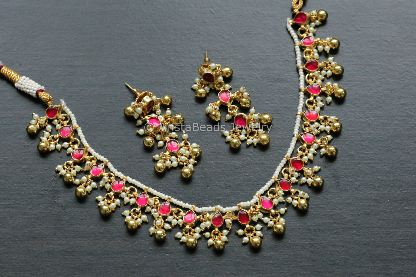 Dainty Pachi Kundan Necklace Set - Ruby