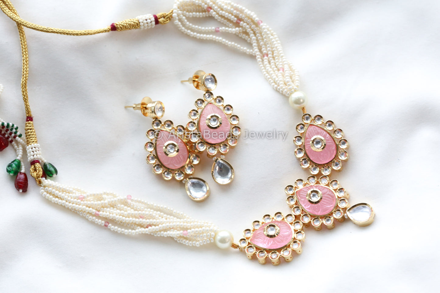 Dainty Uncut Foil Kundan Necklace/ Choker Set - Pink