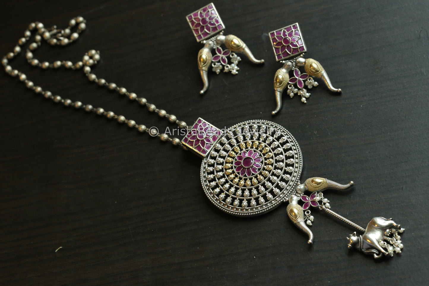 Contemporary Silver Look Dual Tone Necklace Set - Ruby