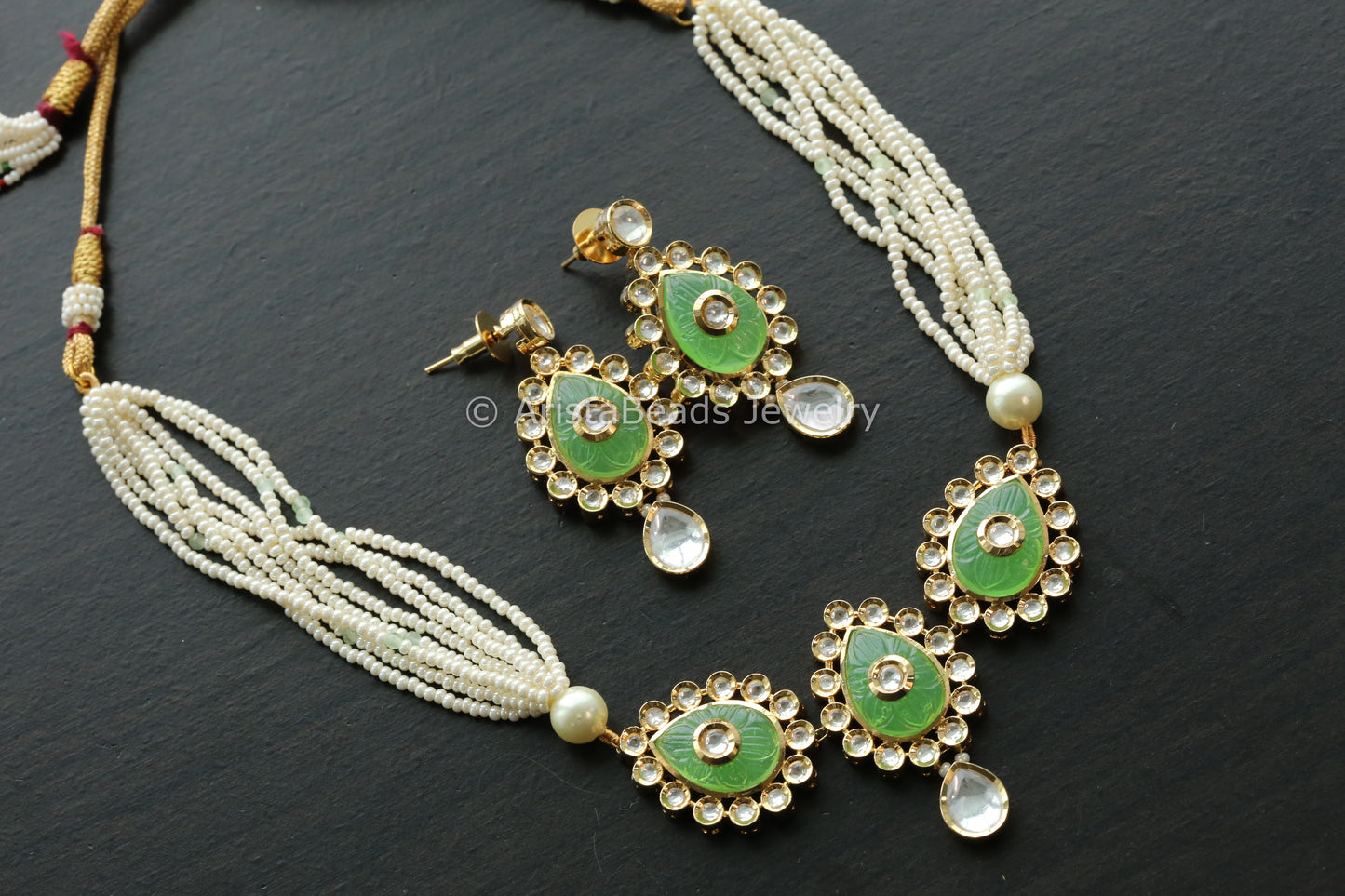 Dainty Uncut Foil Kundan Necklace/ Choker Set - Mint