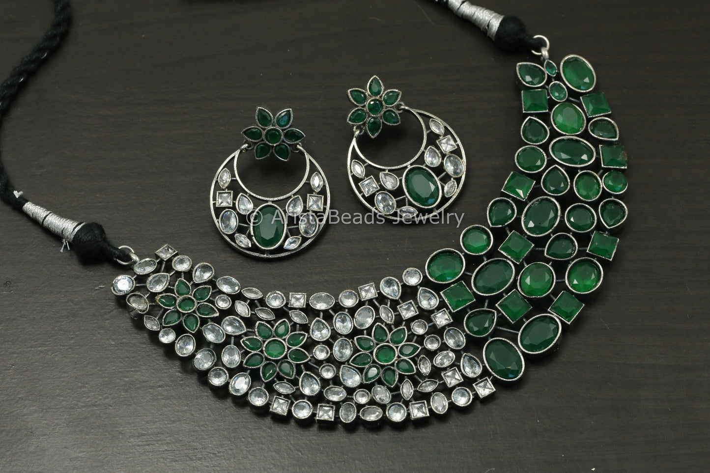 CZ & Monalisa Stones Necklace Set - Green Clear