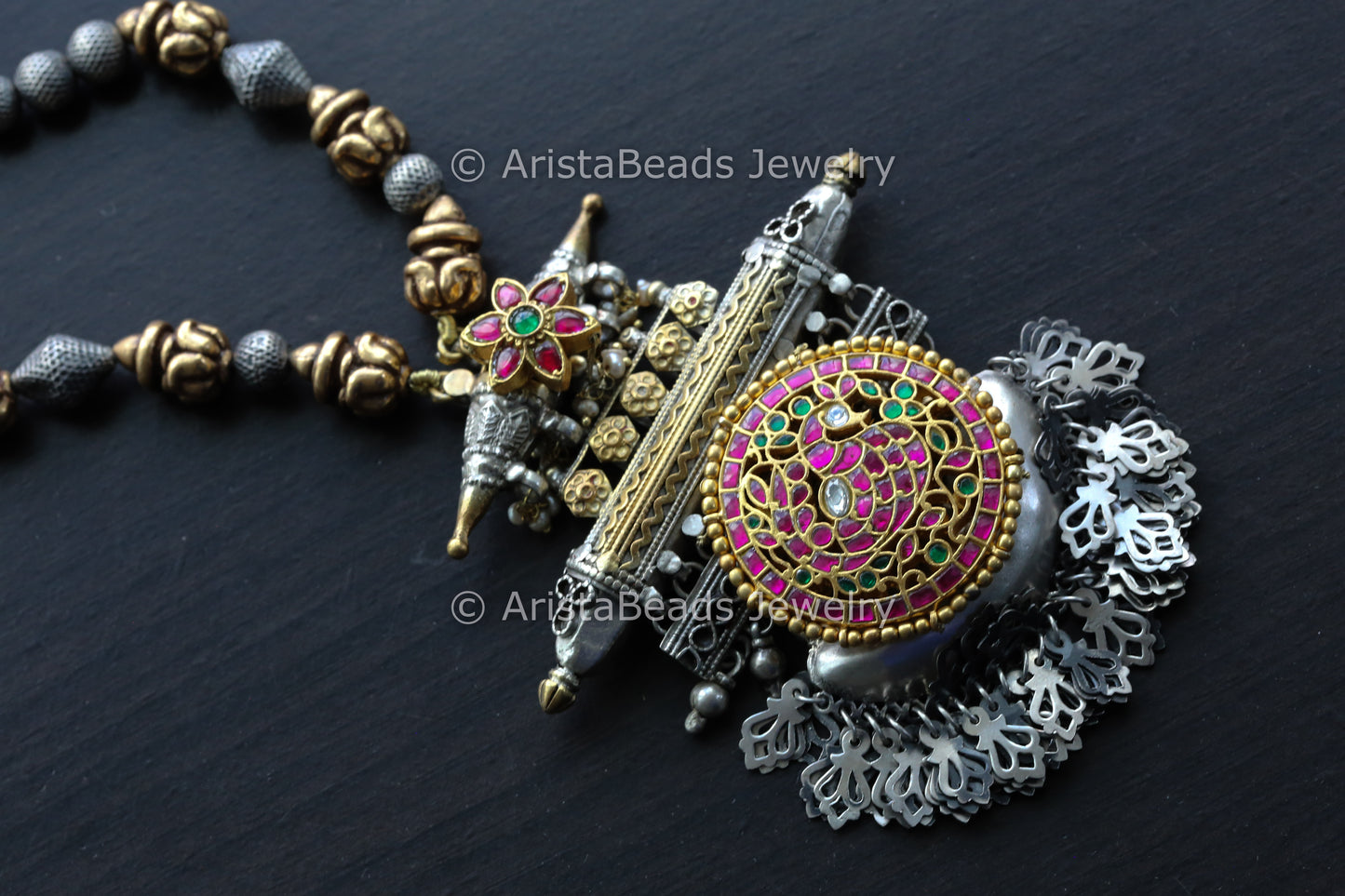 925 Silver Jadau Kundan Beaded Necklace