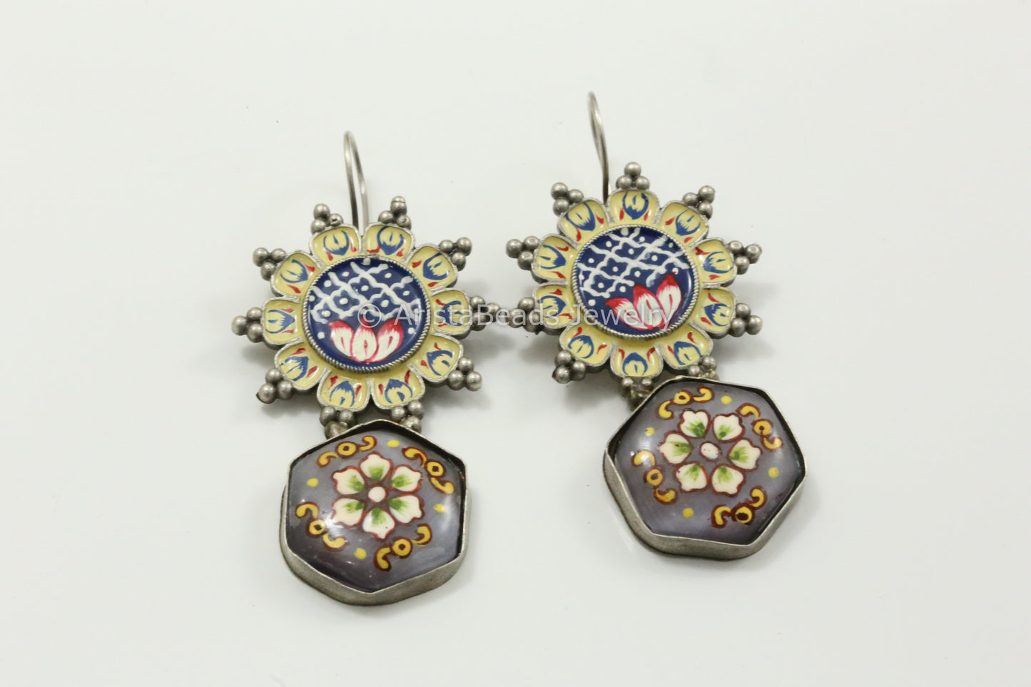 Enamel & Tanjore Work Earrings - Gray