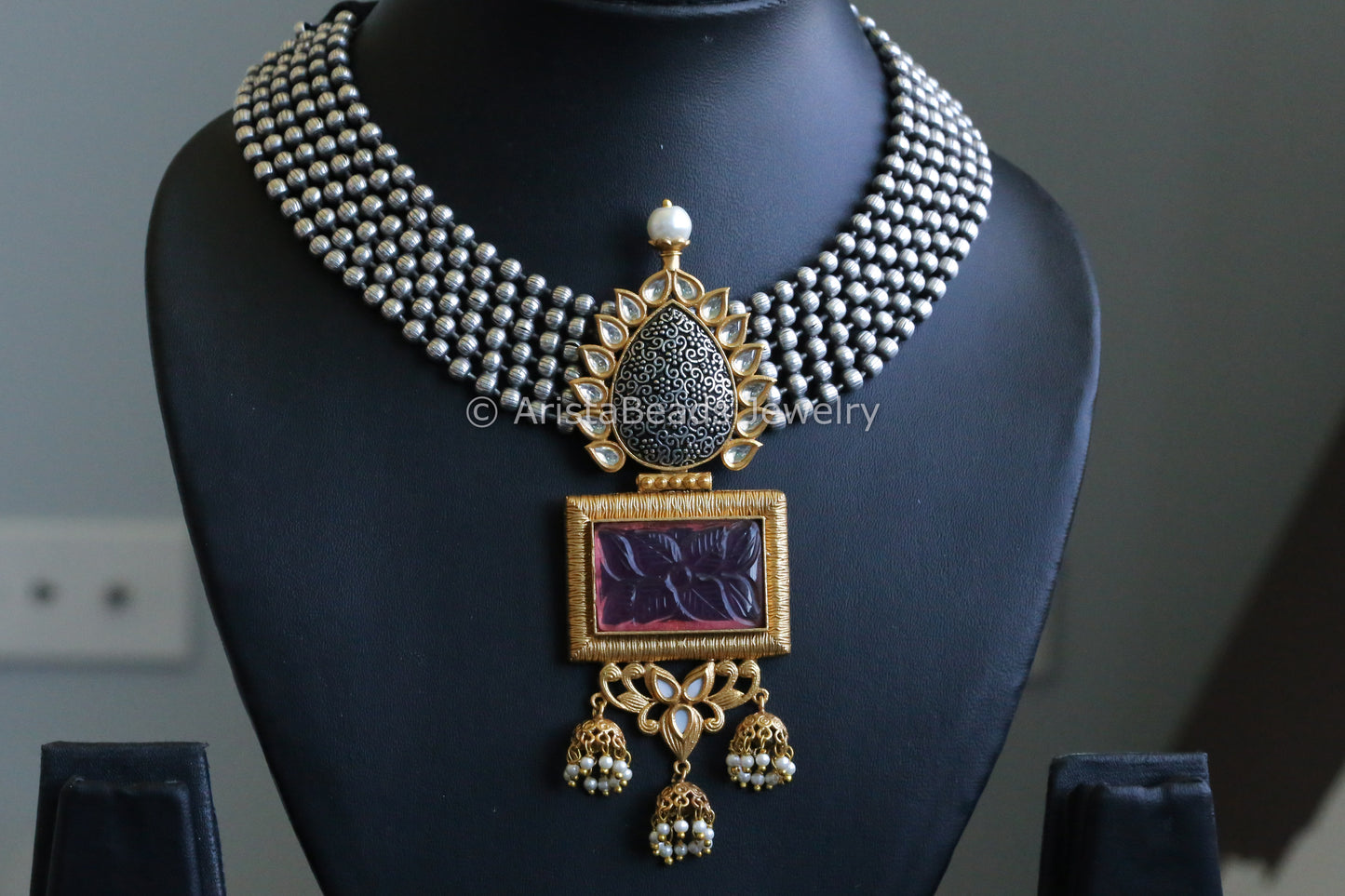 Handmade Dual Tone Kundan & Carved Stone Necklace - Pink