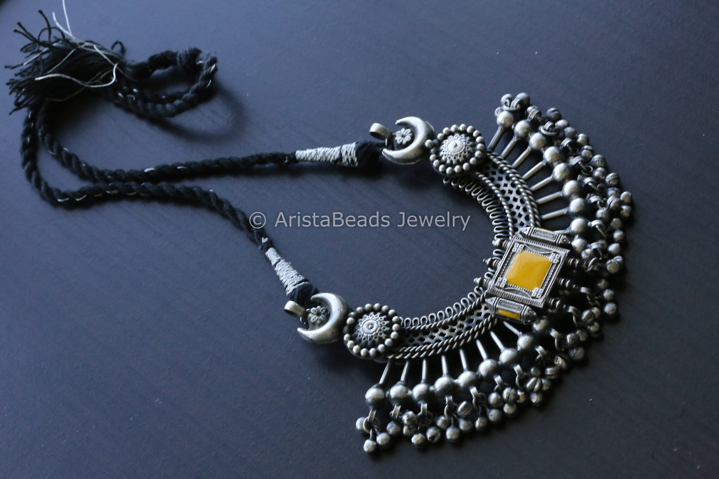 Large Pendant In Black Dori - Yellow Enamel Motif