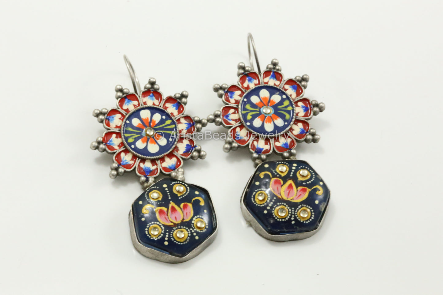 Enamel & Tanjore Work Earrings - Red Blue