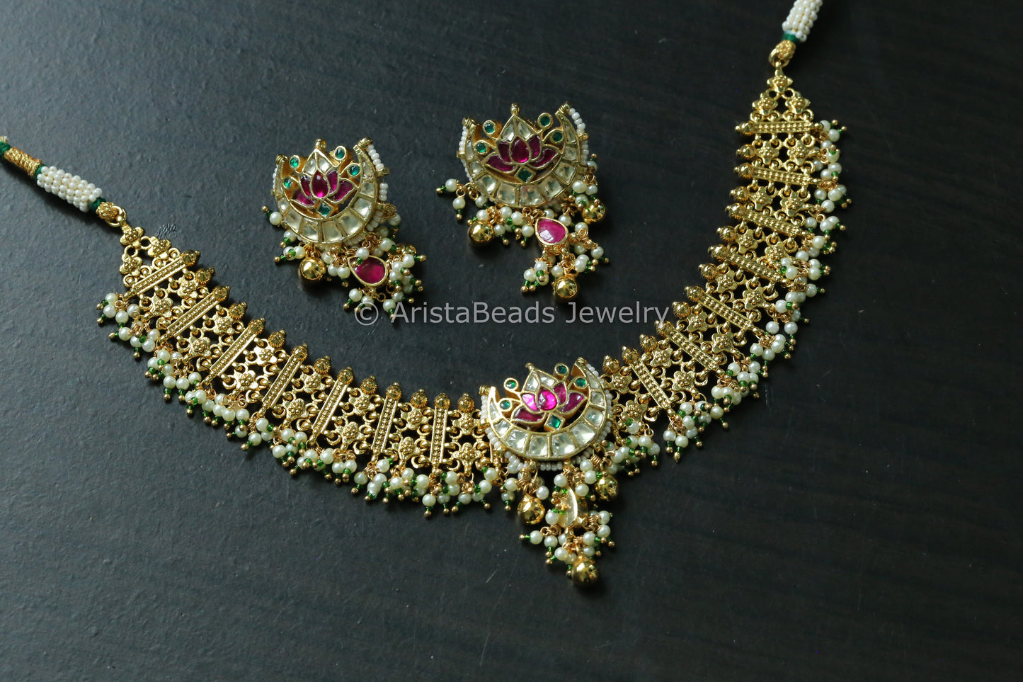 Gold Plated Pachi Kundan Lotus Necklace Set