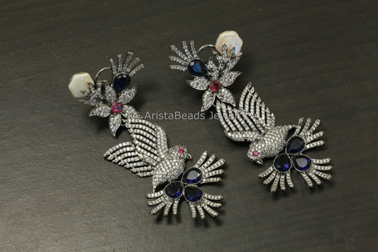 Large Victorian CZ & Baroque Pearl Earrings- Blue