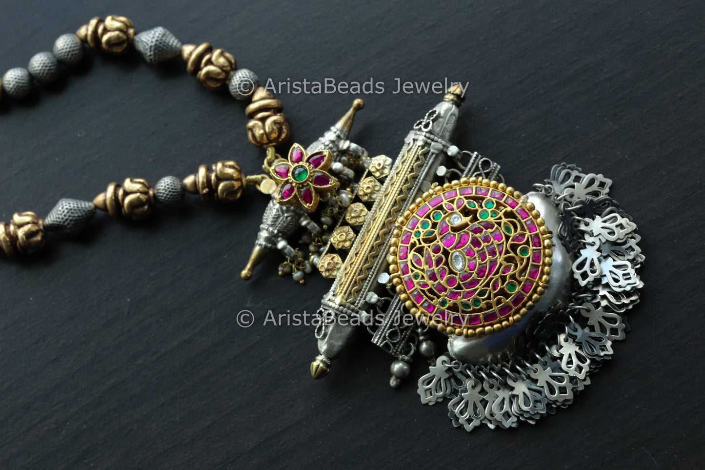 925 Silver Jadau Kundan Beaded Necklace