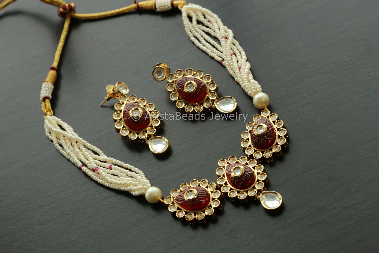 Dainty Uncut Foil Kundan Necklace/ Choker Set - Red