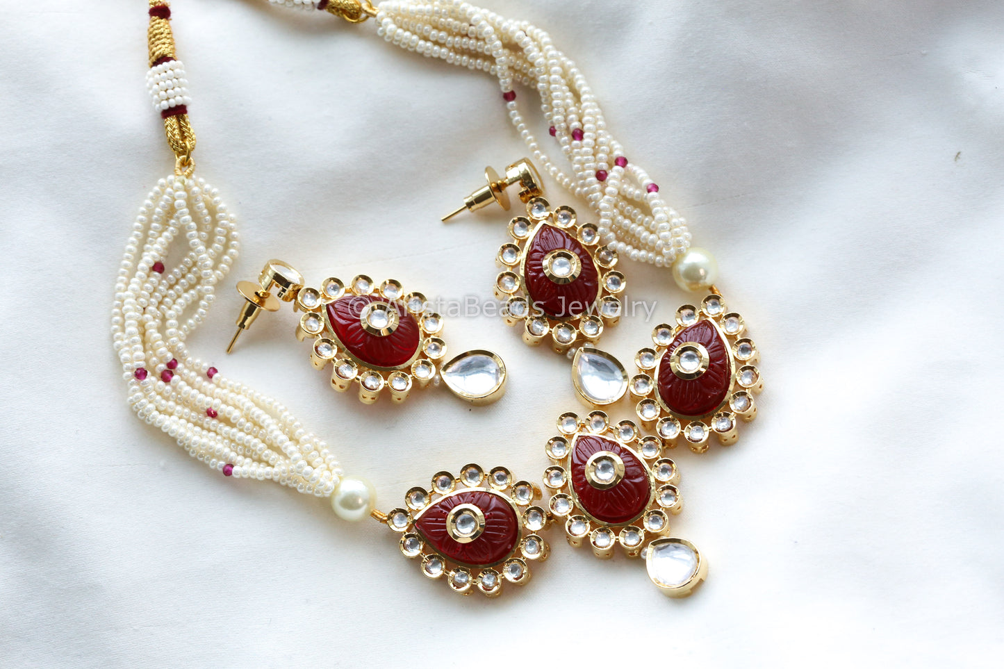 Dainty Uncut Foil Kundan Necklace/ Choker Set - Red