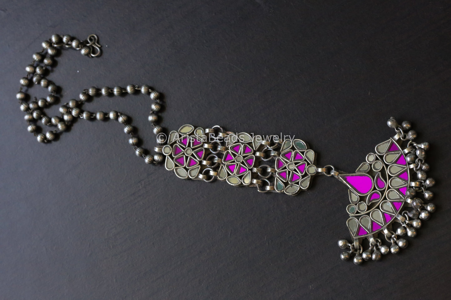 Long Real Glass Pendant Necklace - Magenta Clear