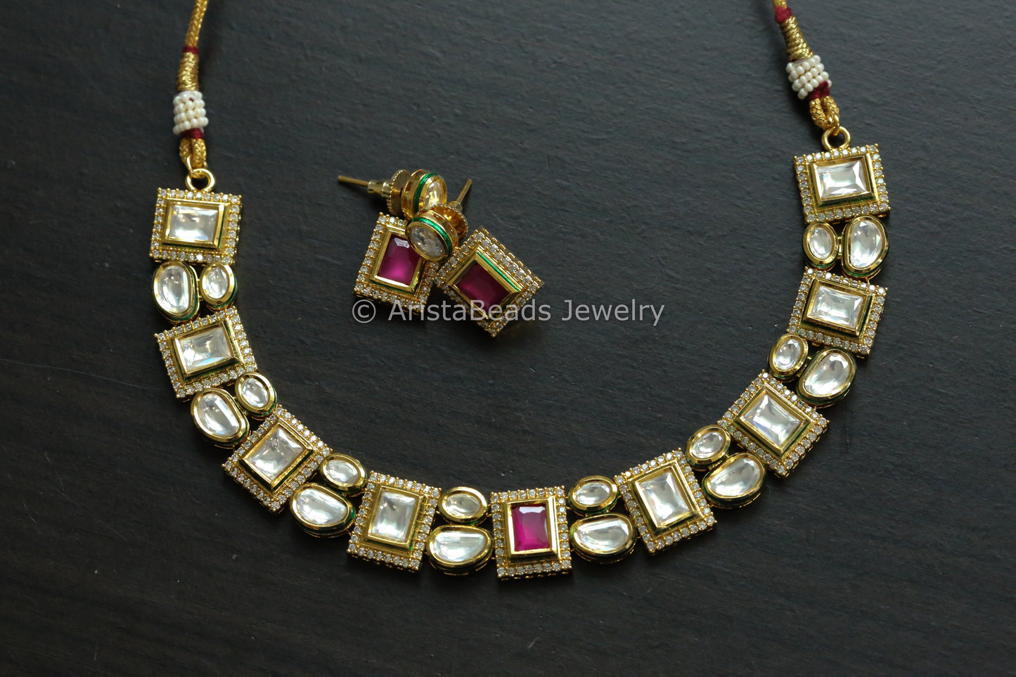 Premium Bikaneri Kundan & CZ Necklace Set - Ruby