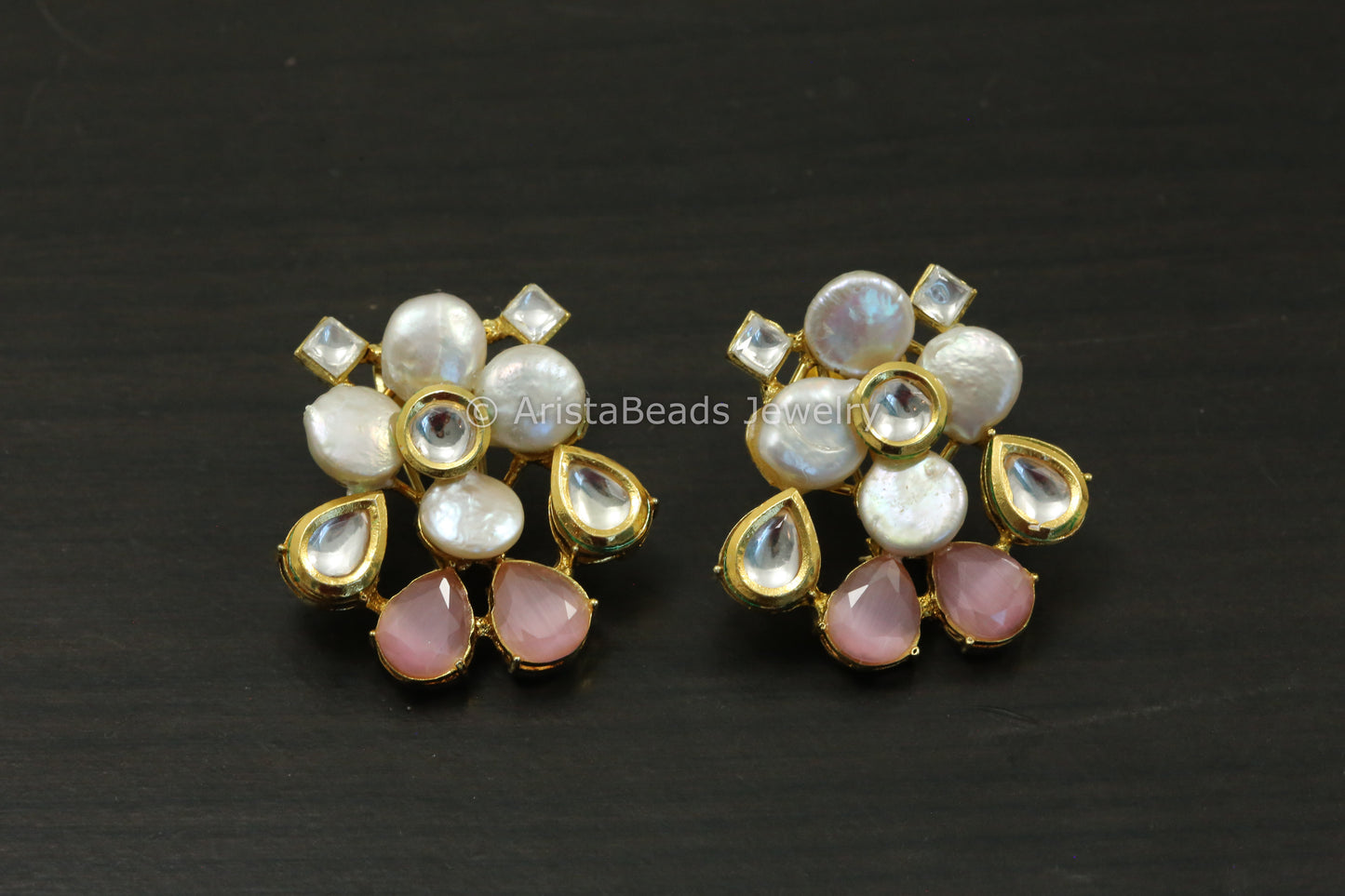 Kundan & Baroque Pearl Studs - Pink
