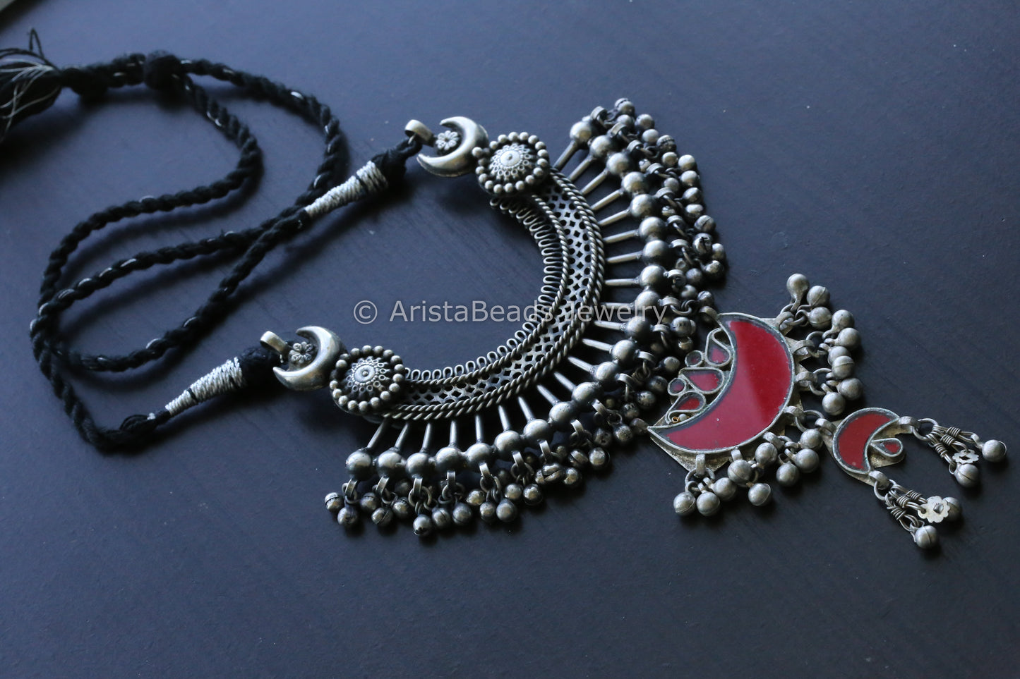 Large Pendant In Black Dori - Red Glass Motif