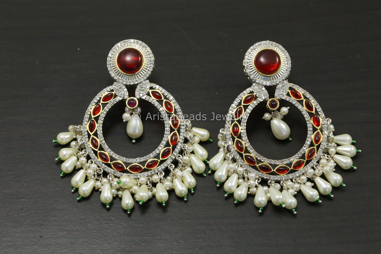 Dual Tone CZ & Pota Stone Chandbaali - Red