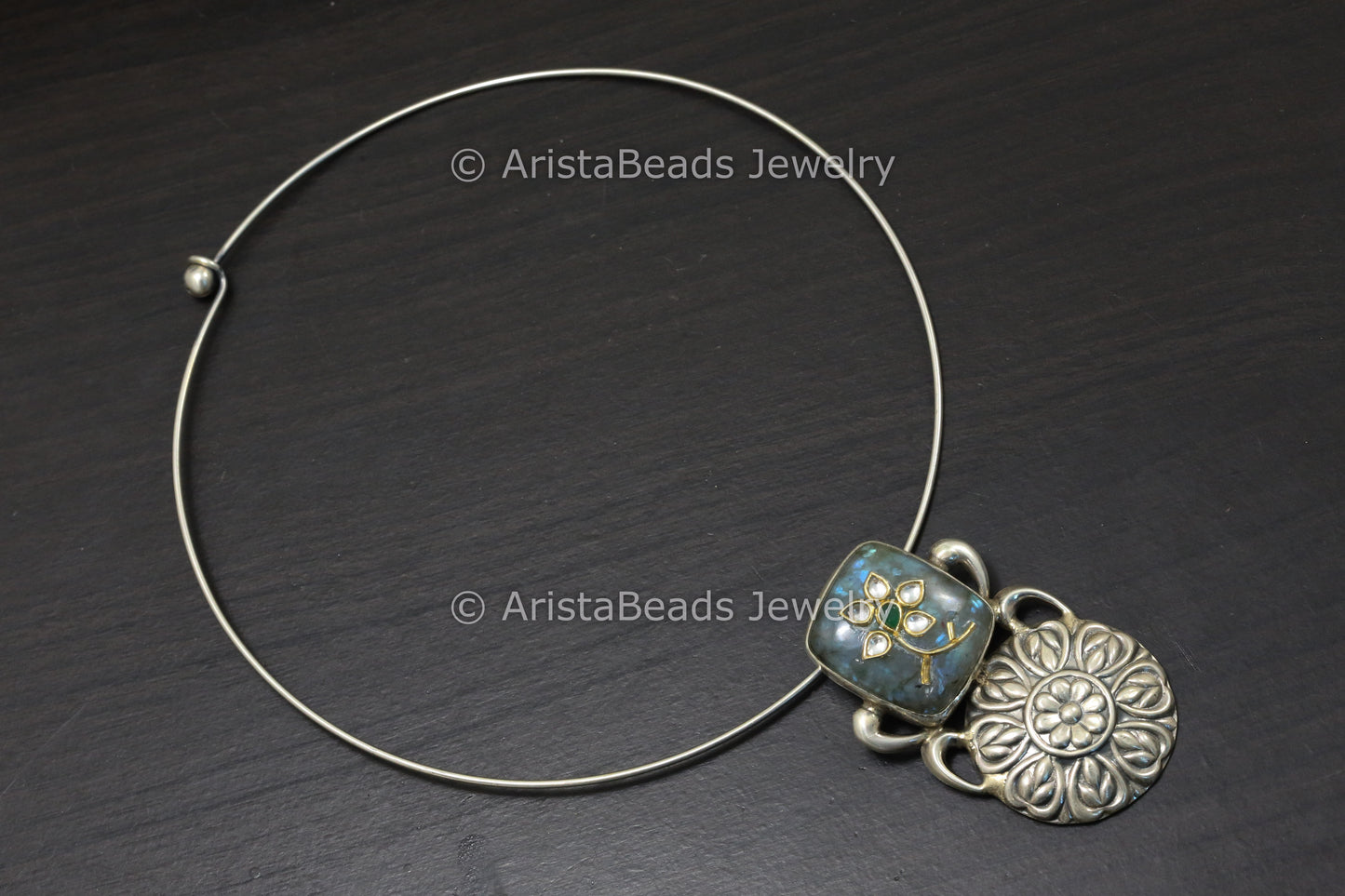 925 Silver Jadau Work Hasli Necklace - Labradorite