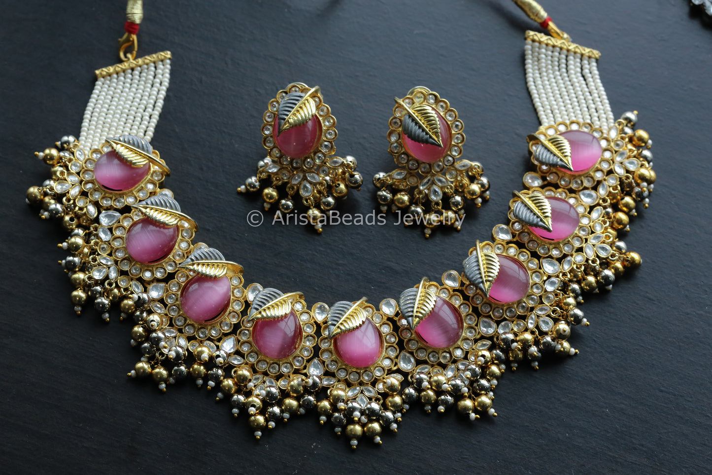 Designer Kundan Polki & Monalisa Stone Necklace Set