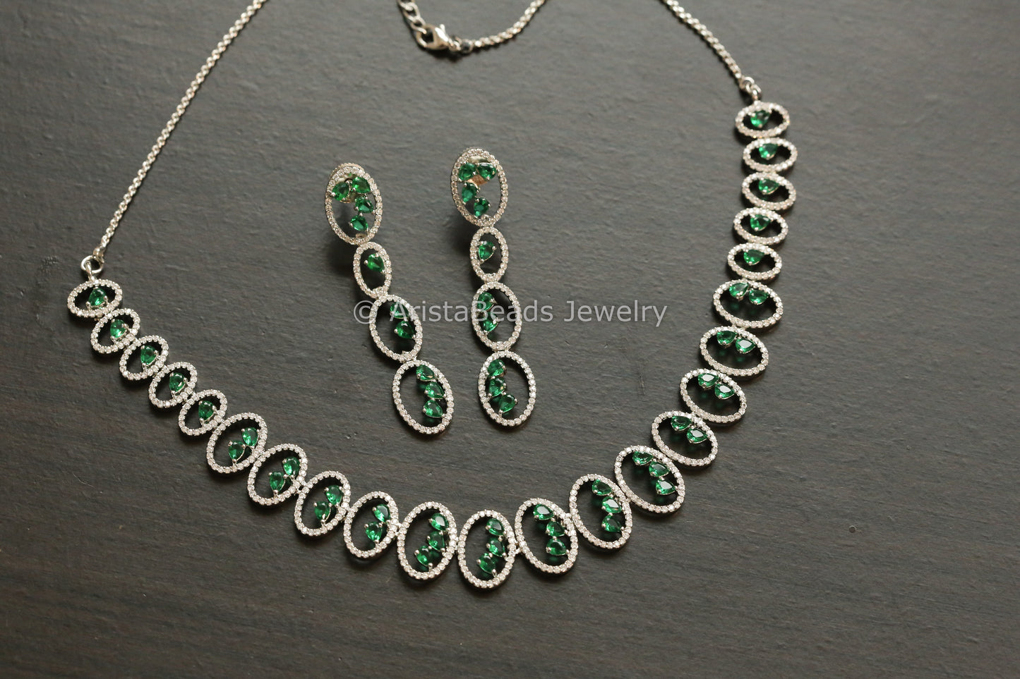 Dainty Fine CZ Work Necklace Set - Green
