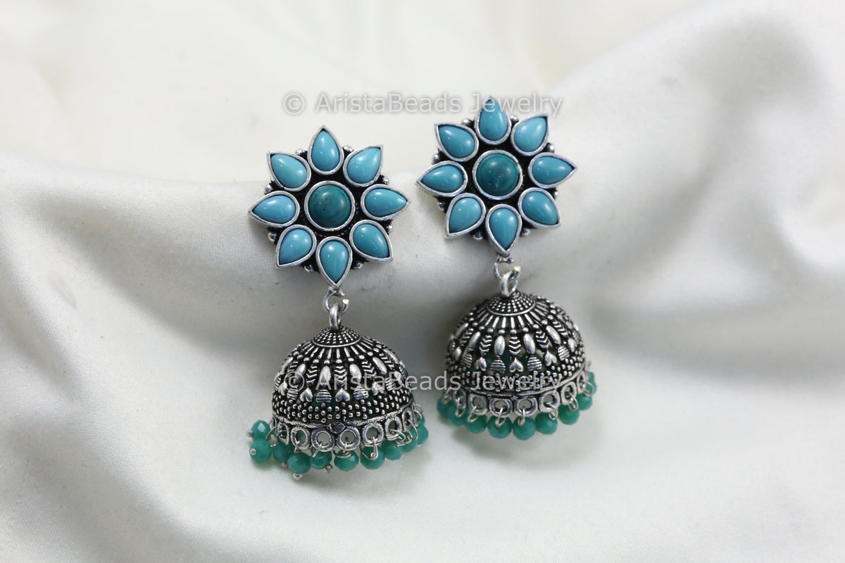 Oxidized Jhumka - Turquoise Green