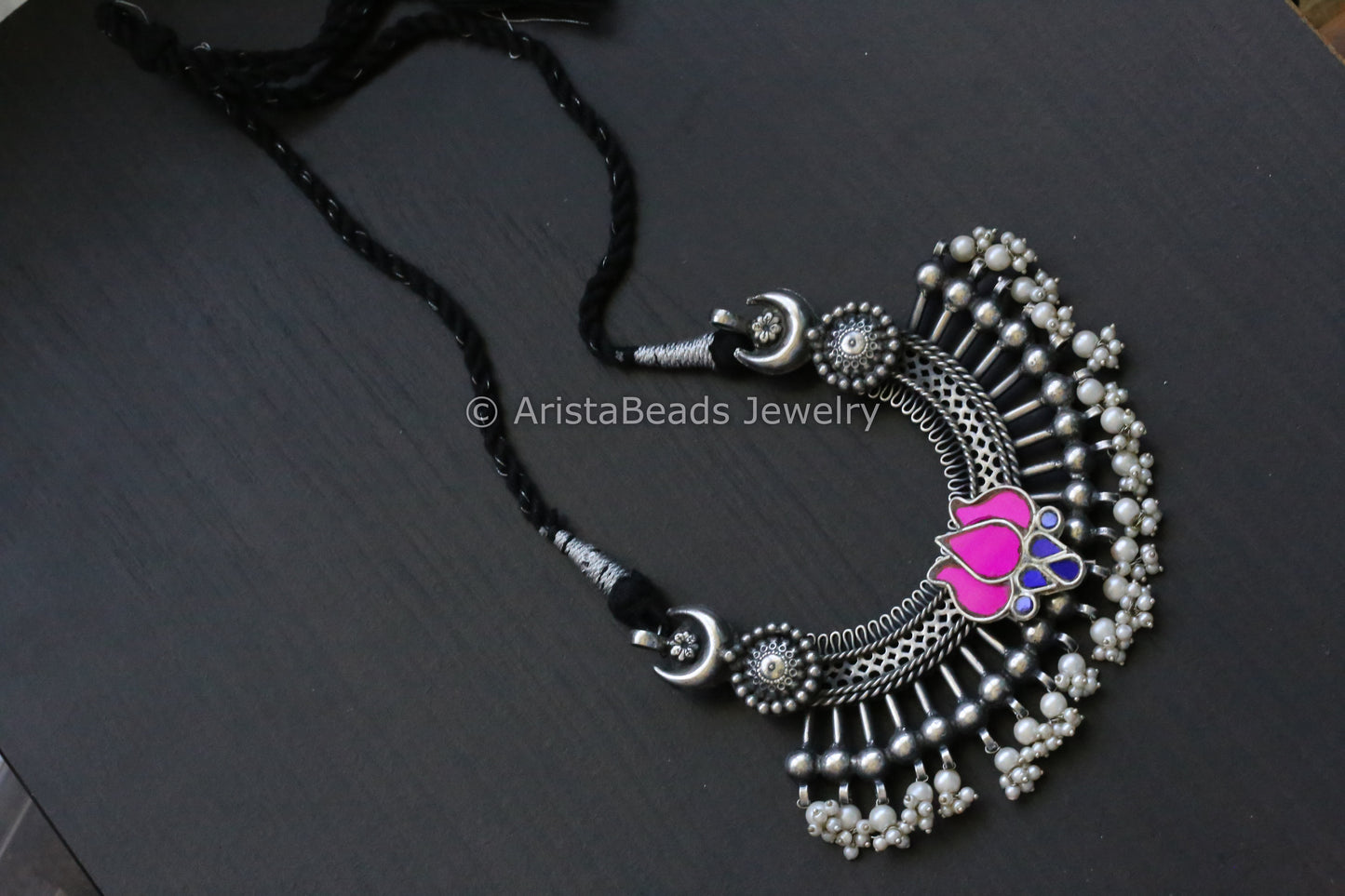 Large Pendant In Black Dori - Pink Glass Motif