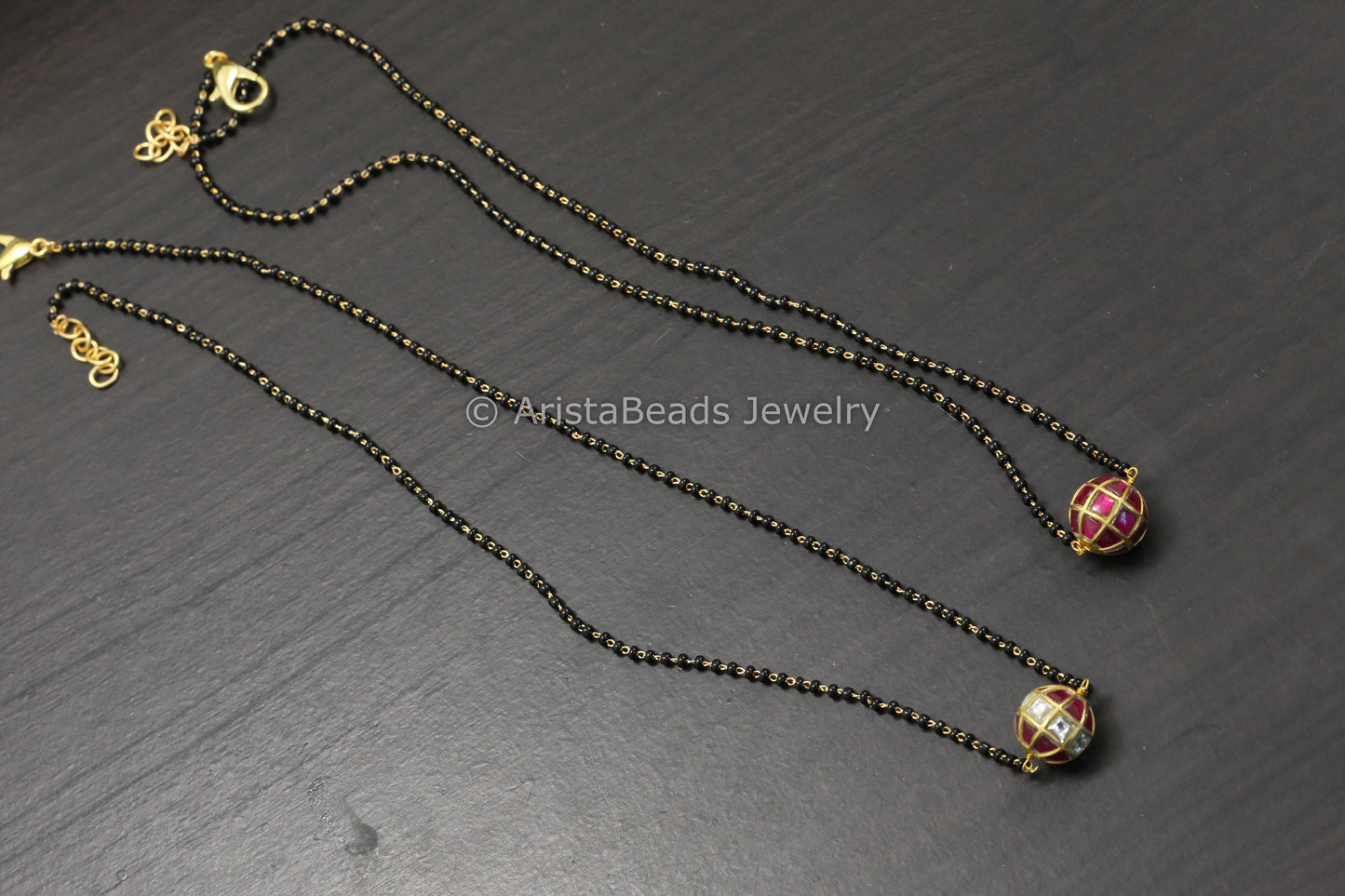 Jadau Black Bead Necklace - Ruby