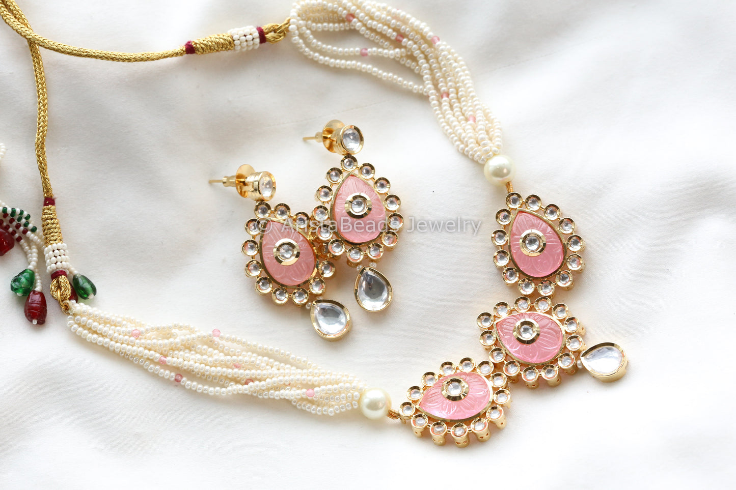 Dainty Uncut Foil Kundan Necklace/ Choker Set - Pink