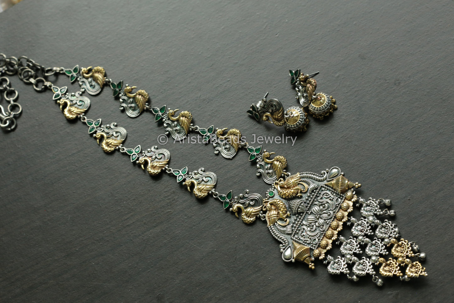 Green Dual Tone Silver Replica Oxidized Necklace Set