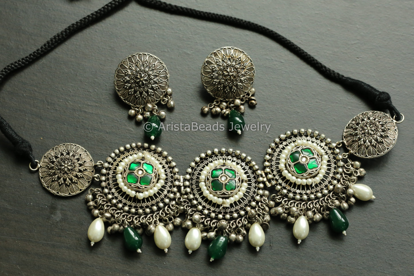 92.5 Silver Polish Green Kundan Choker Set