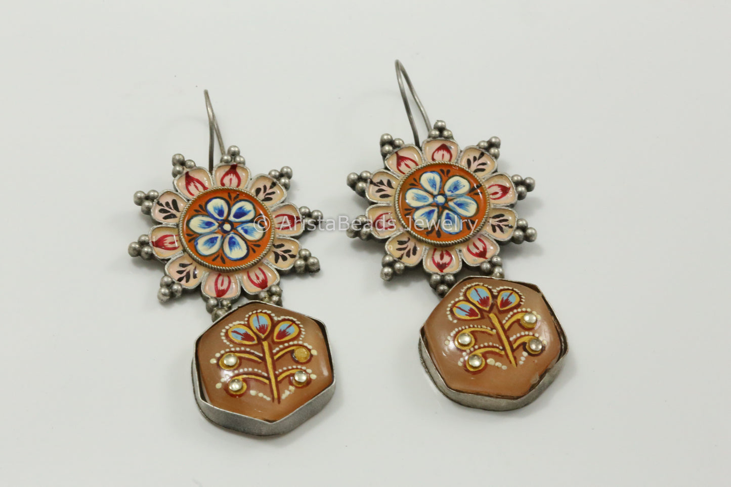 Enamel & Tanjore Work Earrings - Peach