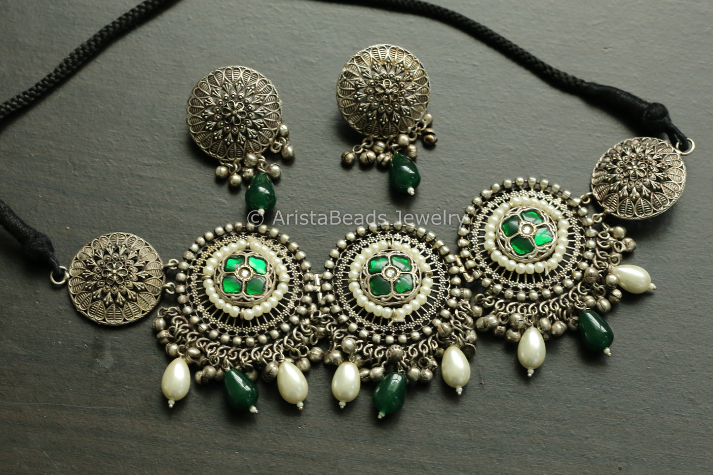 92.5 Silver Polish Green Kundan Choker Set