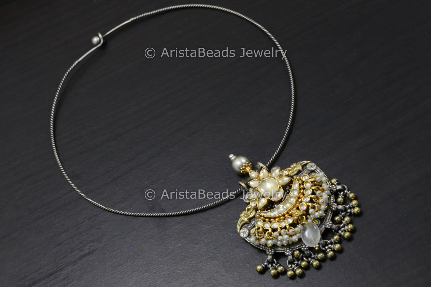 925 Silver Kundan Motif Hasli Necklace
