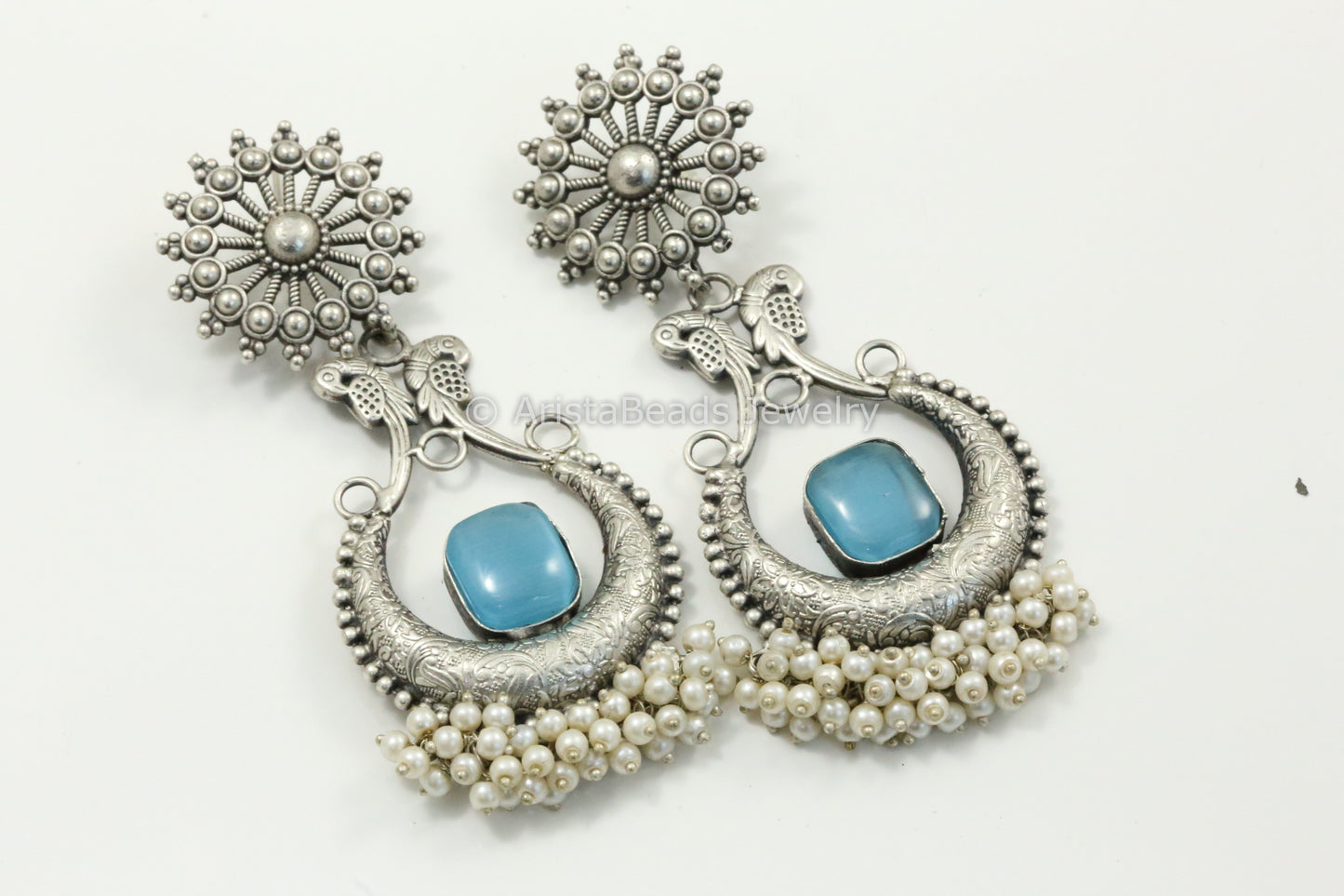 Long Silver Look Earrings - Blue