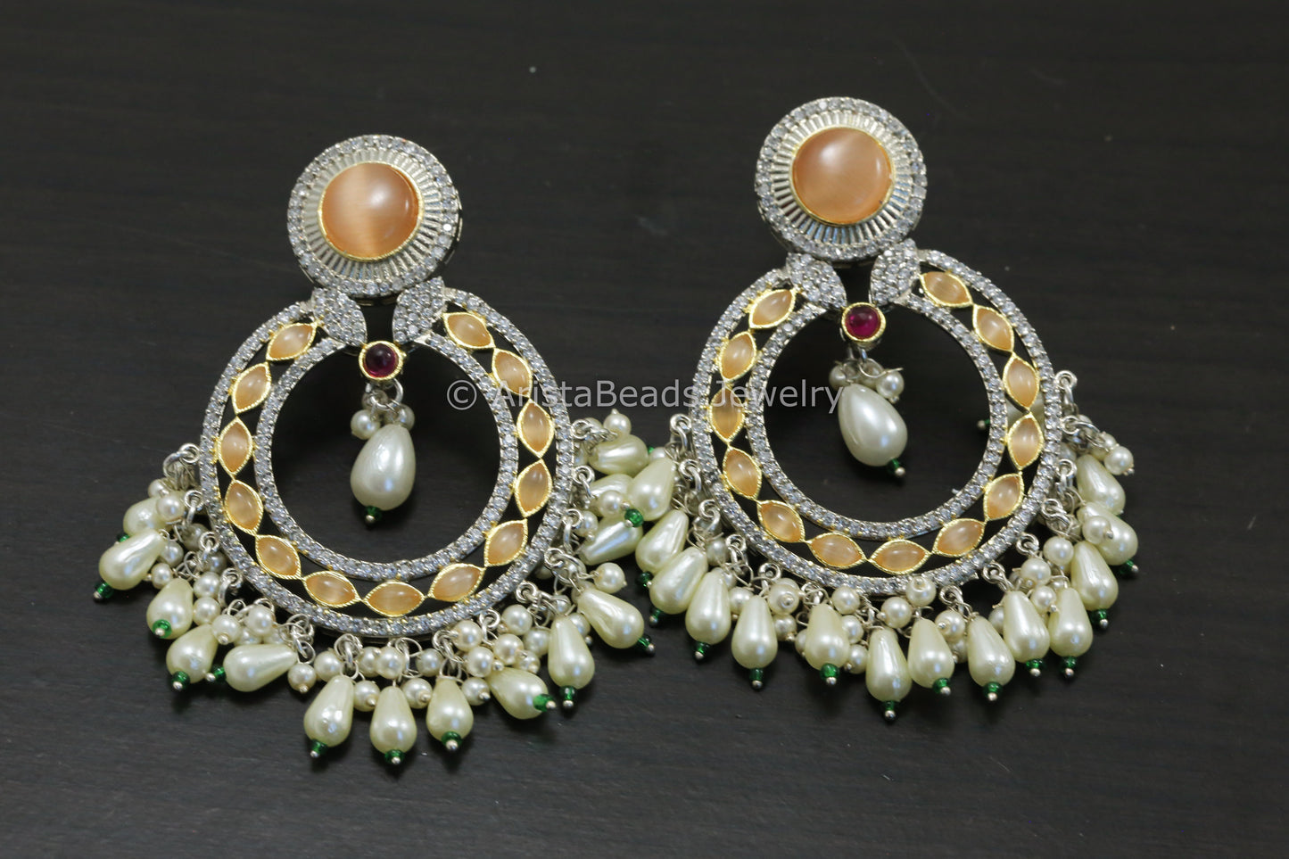 Dual Tone CZ & Pota Stone Chandbaali - Peach